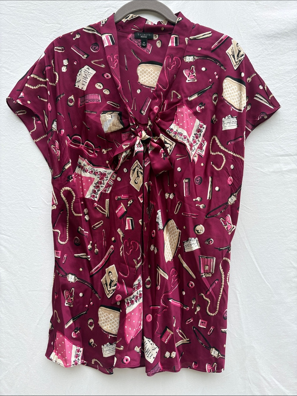 Talbots Wine Print Tie-Neck Short Sleeve Blouse